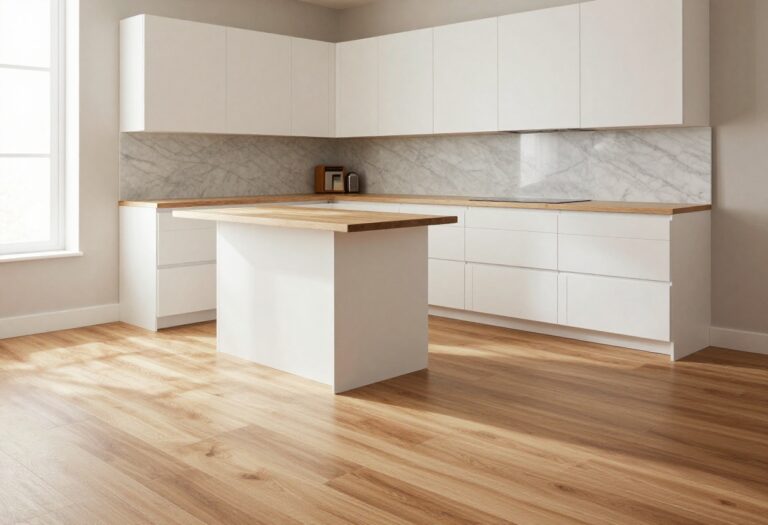 Small kitchen with herringbone luxury vinyl plank flooring, white cabinets, and marble backsplash