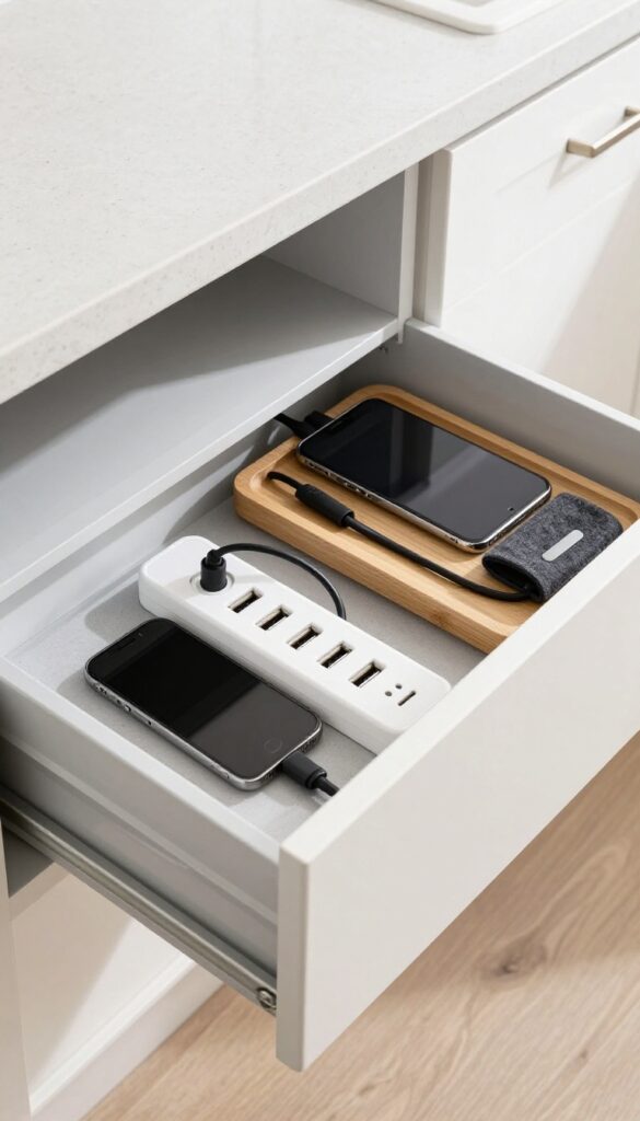 Open kitchen drawer with organized charging station for phone and tablet, power strip inside, wooden tray, cable management, bright natural light.