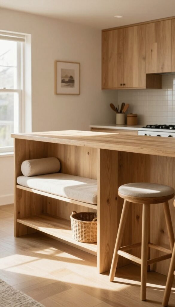 Kitchen peninsula with built-in bench and stools, warm oak and cream palette, natural light