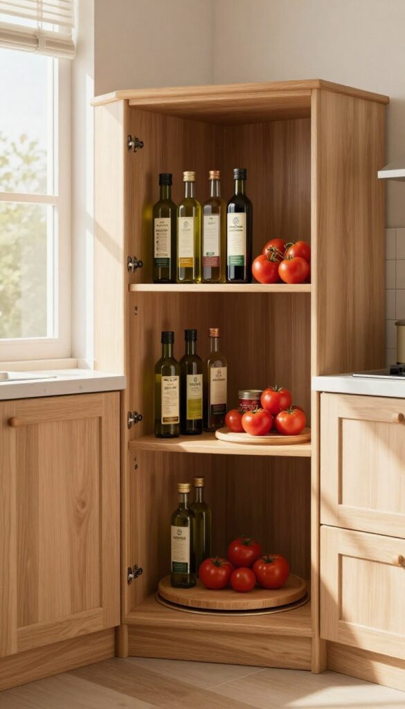 Open corner cabinet with a wooden lazy Susan holding oils and canned goods, warm natural light, organized kitchen interior.