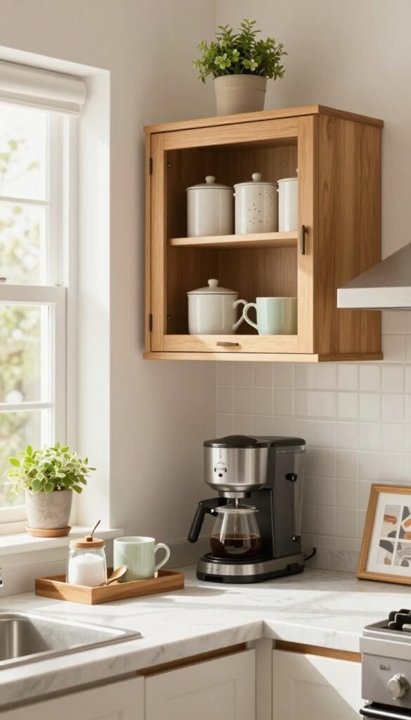 Open cabinet coffee station with wooden shelves, ceramic canisters, and mugs in a bright kitchen corner