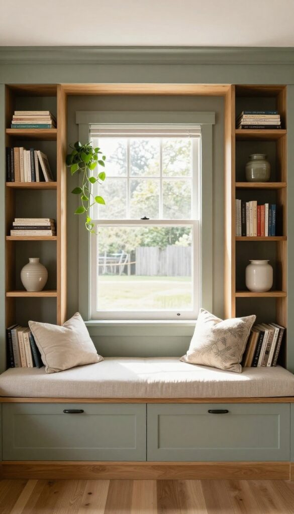 Kitchen window seat with built-in bookshelves on both sides, filled with books and plants, warm natural light.
