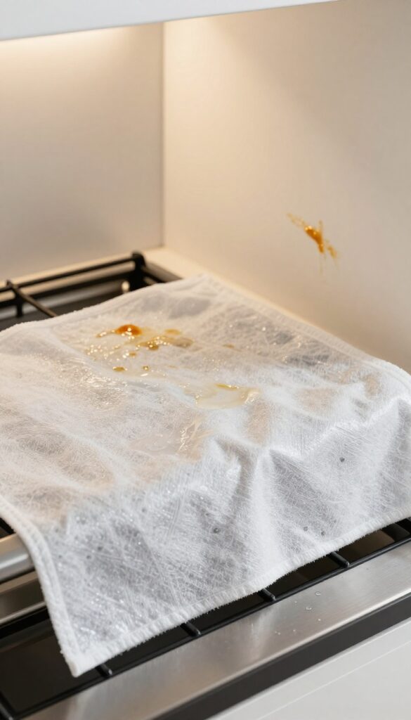 Wet dryer sheet applied to stubborn grease inside an oven