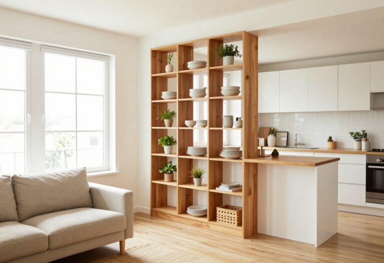 Small open-concept living room and kitchen divided by a warm wooden open shelf unit with plants and dishes.
