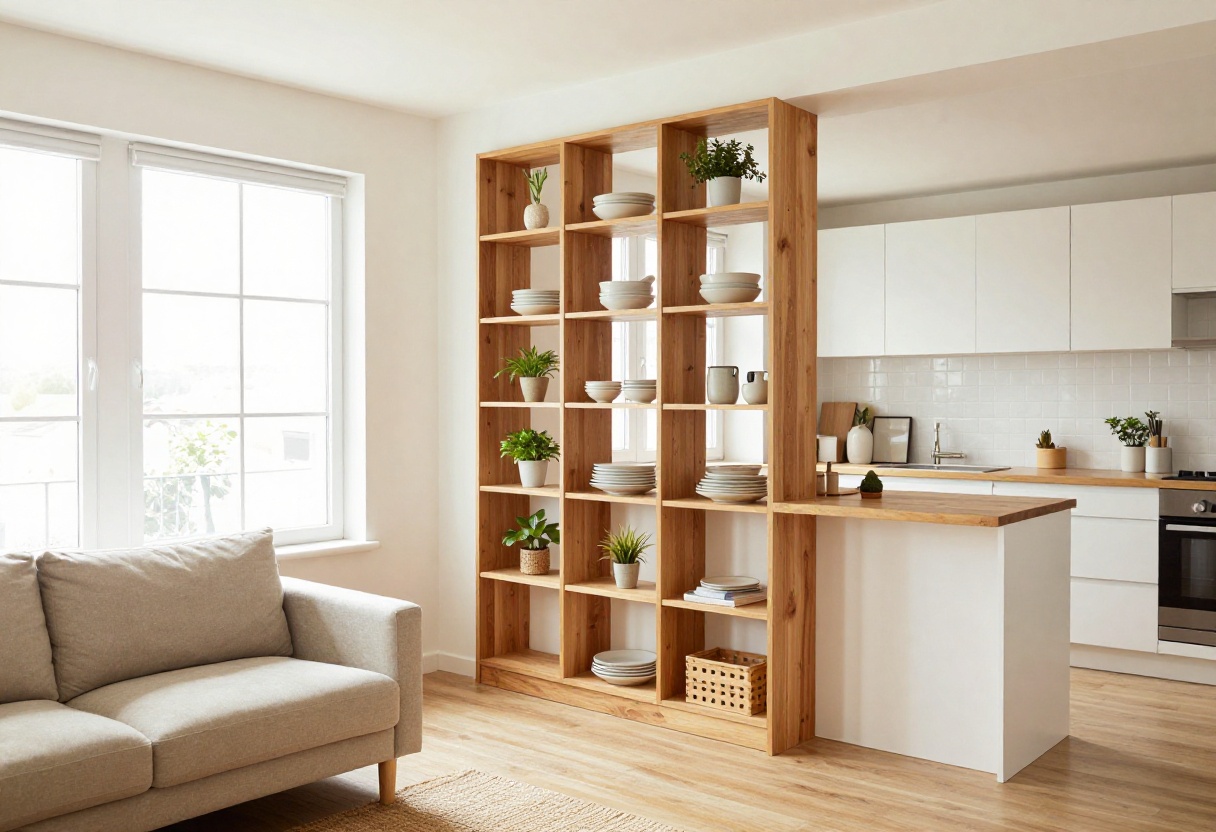 Small open-concept living room and kitchen divided by a warm wooden open shelf unit with plants and dishes.