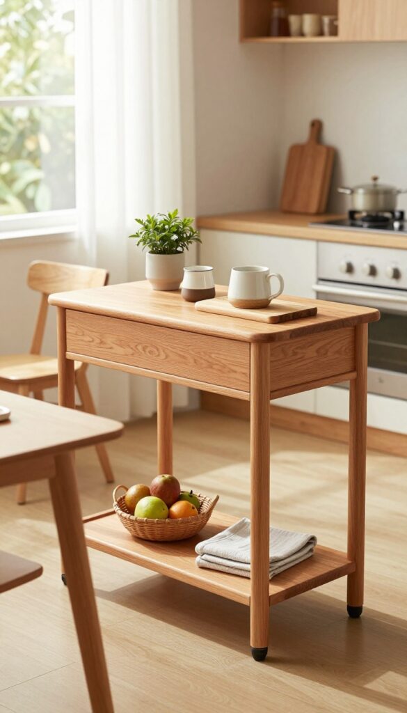 Bar cart as mobile kitchen island in bright kitchen eating area with plants and mugs