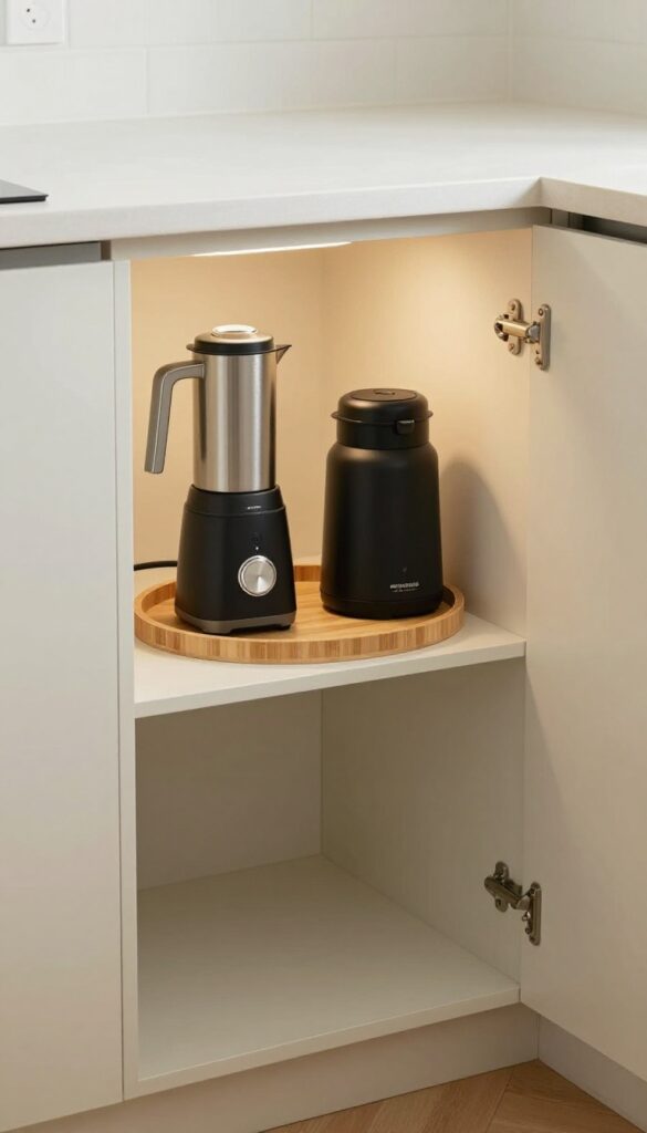 Corner lazy Susan with small appliances in a bright kitchen cabinet