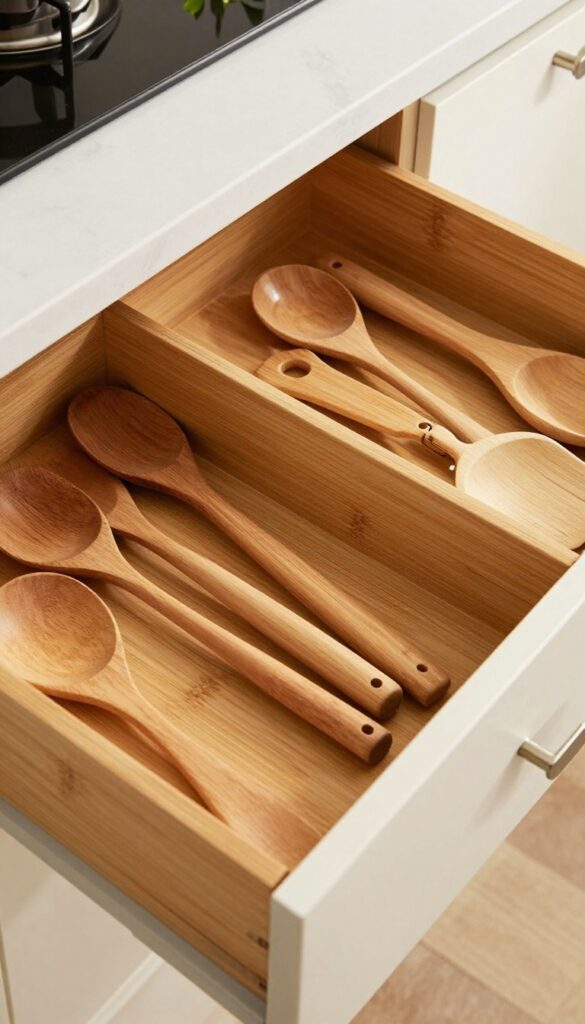 Deep kitchen drawer organized with bamboo dividers holding wooden utensils and gadgets neatly separated by function.