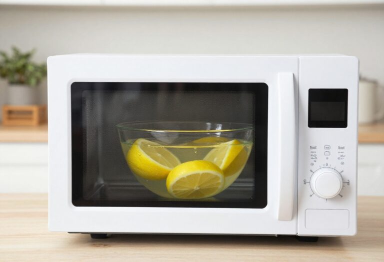 Clean microwave interior with a bowl of lemon water for steam cleaning