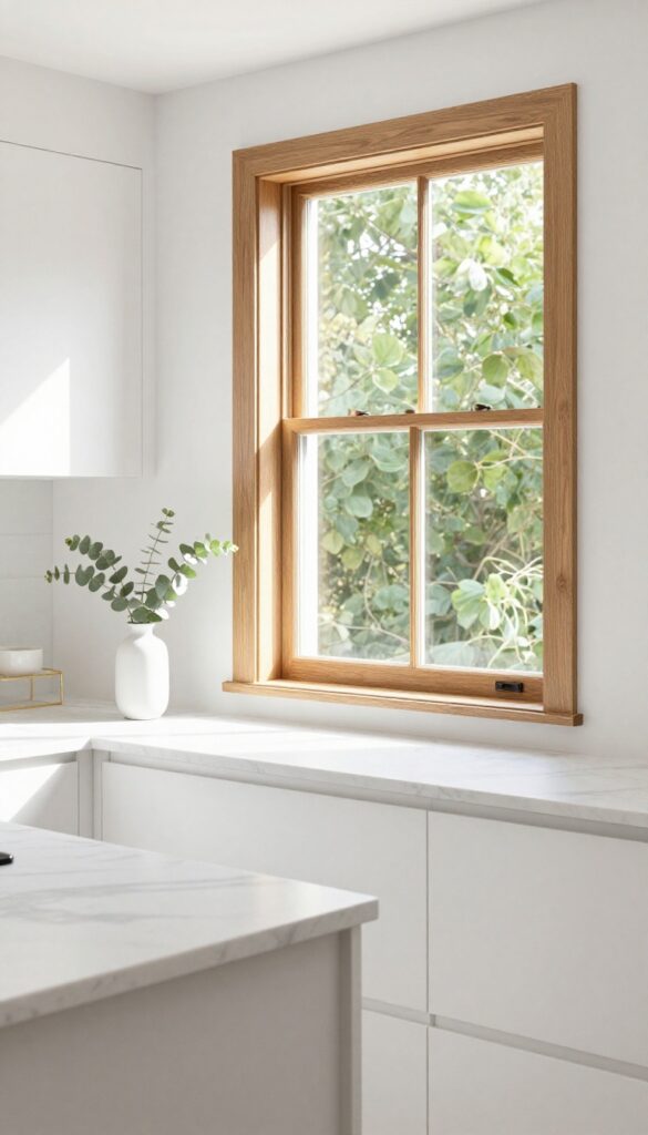 Bright white kitchen with natural wood window trim and view of greenery outside