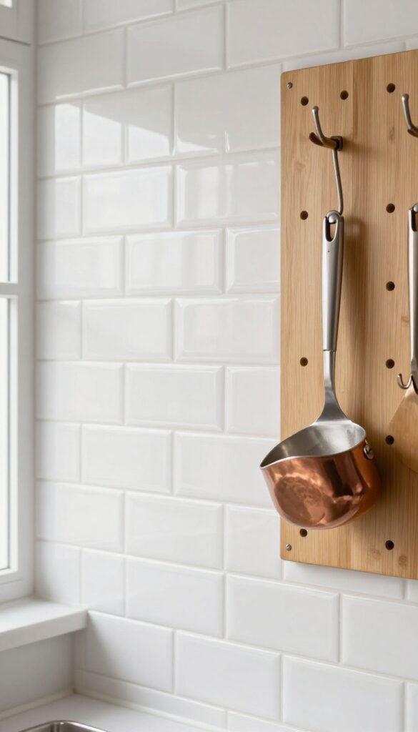 White herringbone tile backsplash with a birch pegboard accent holding kitchen tools, bright natural light, clean composition.