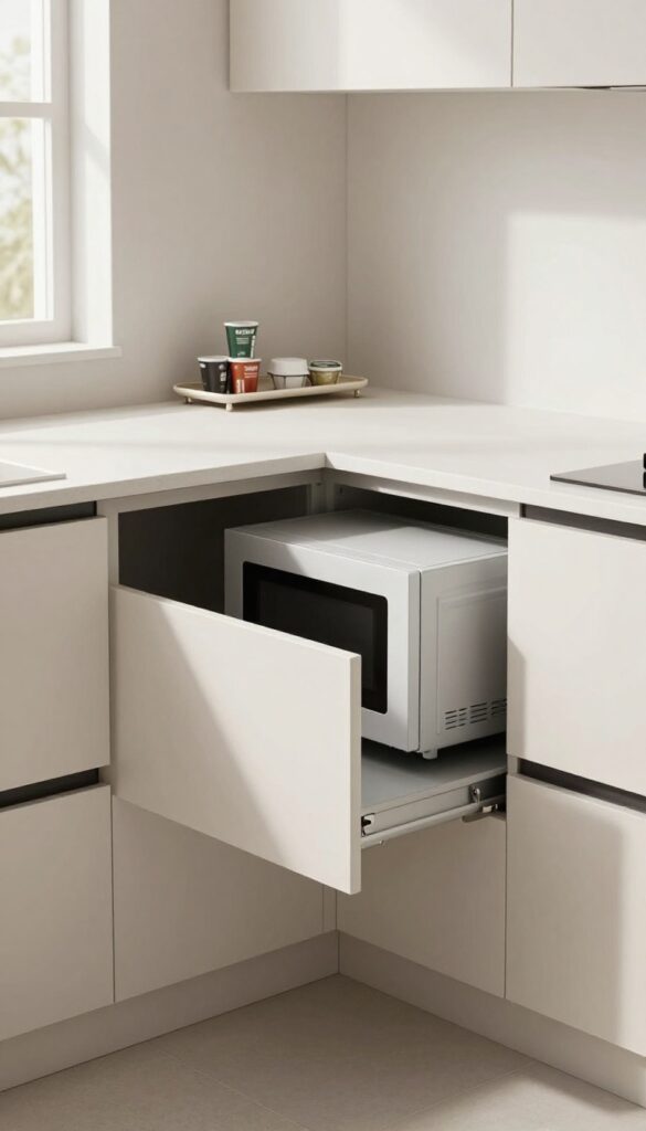 Modern kitchen corner with a pull-out microwave drawer in lower cabinet, sleek and uncluttered design
