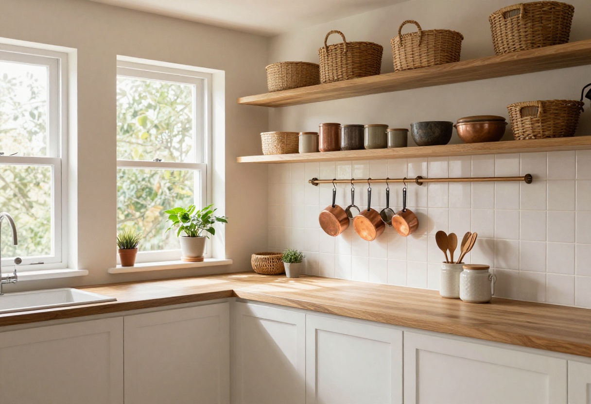 Cozy kitchen with organized tools on magnetic strip, hanging pot rack, and open shelves with baskets