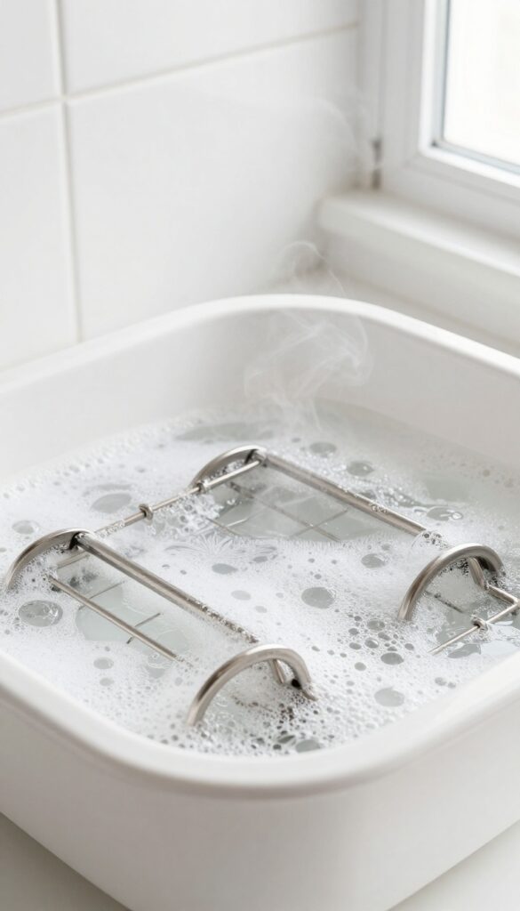 Oven racks soaking in hot soapy water to loosen grease and grime