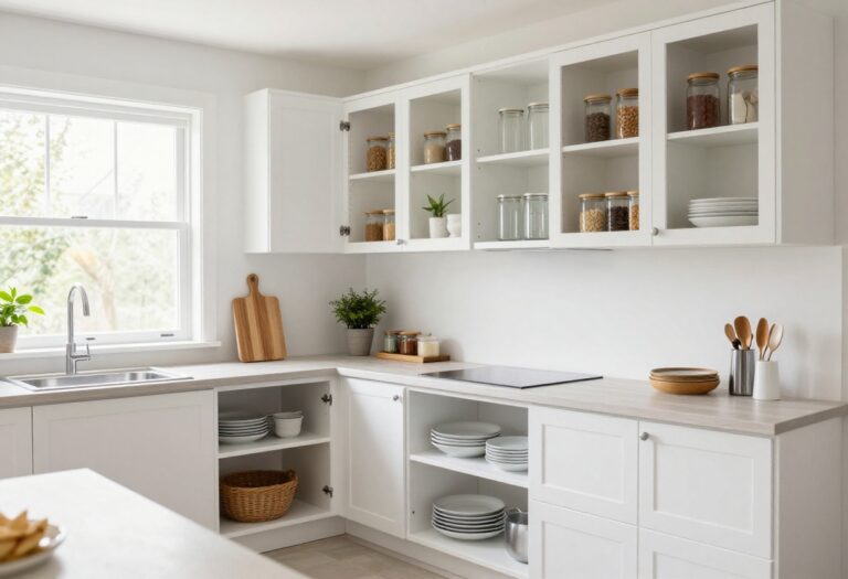 Modern kitchen with organized white cupboards, open shelving, and natural light