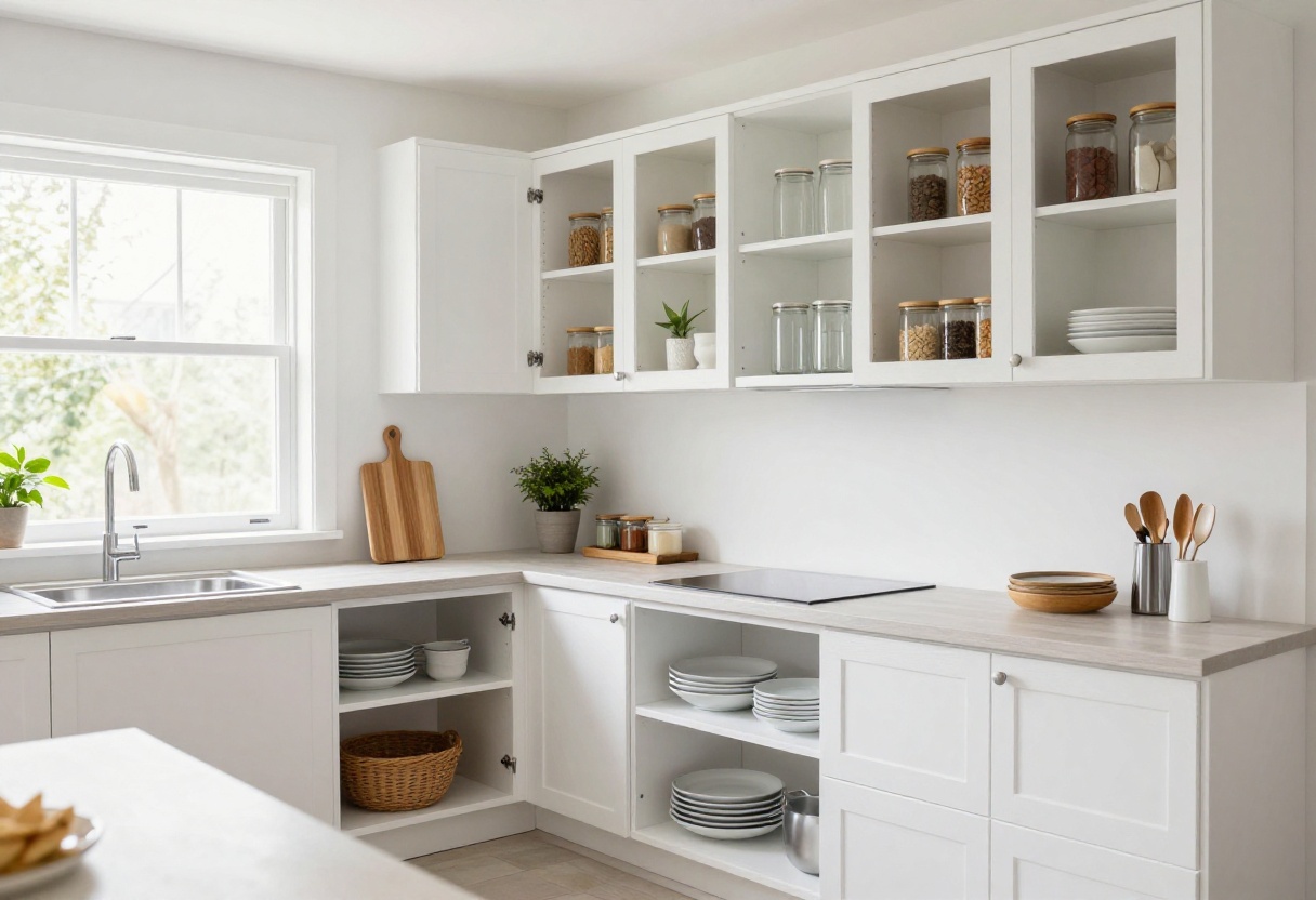 Modern kitchen with organized white cupboards, open shelving, and natural light