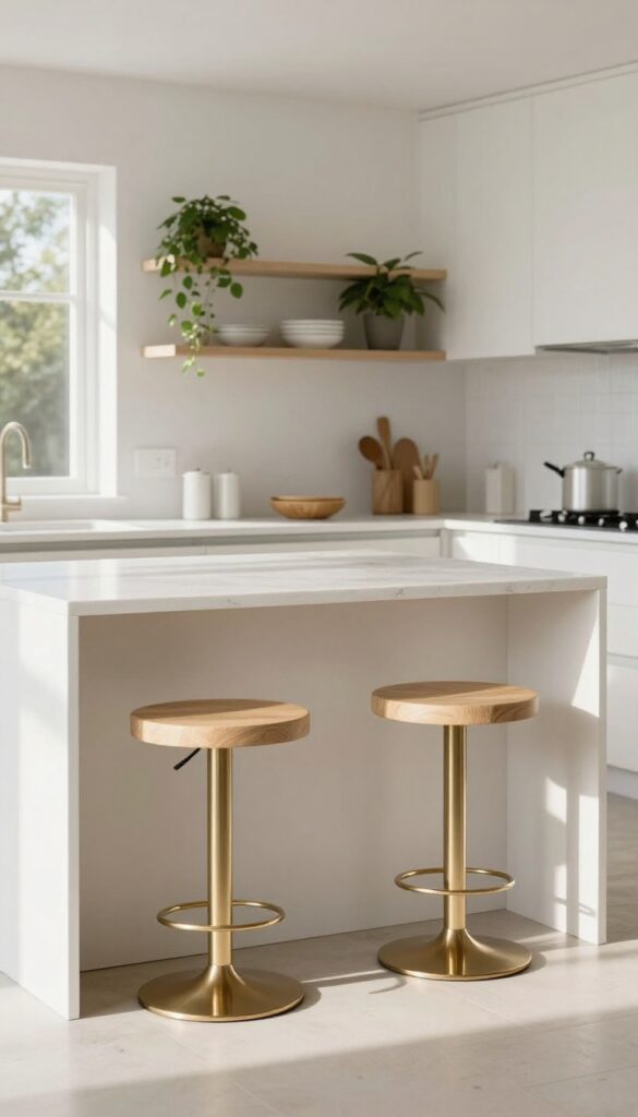 Swivel stools at a kitchen island in a light and airy kitchen, angled for easy conversation.