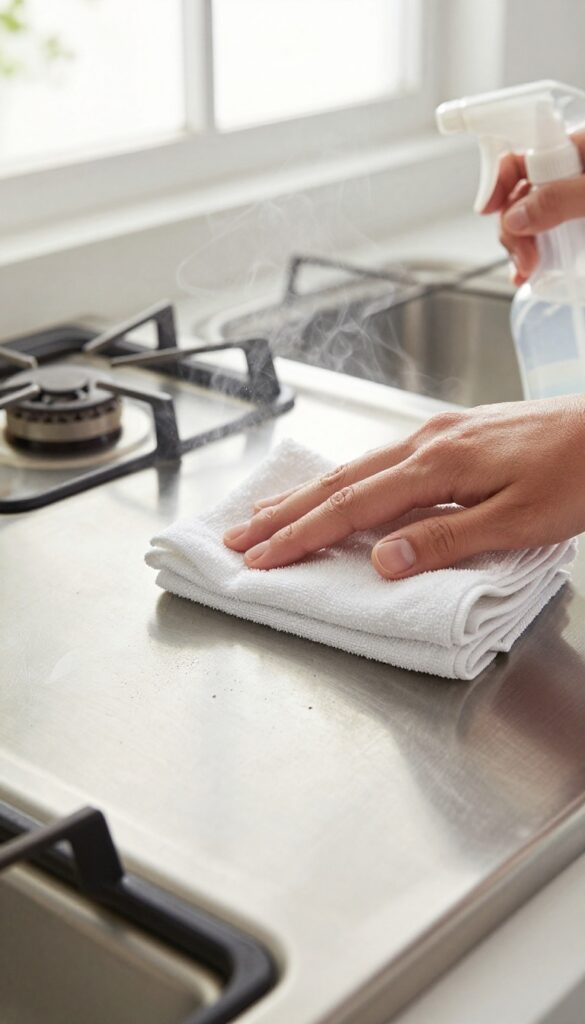 A hand wiping a warm stovetop with a damp cloth, bright natural light, clean kitchen surface
