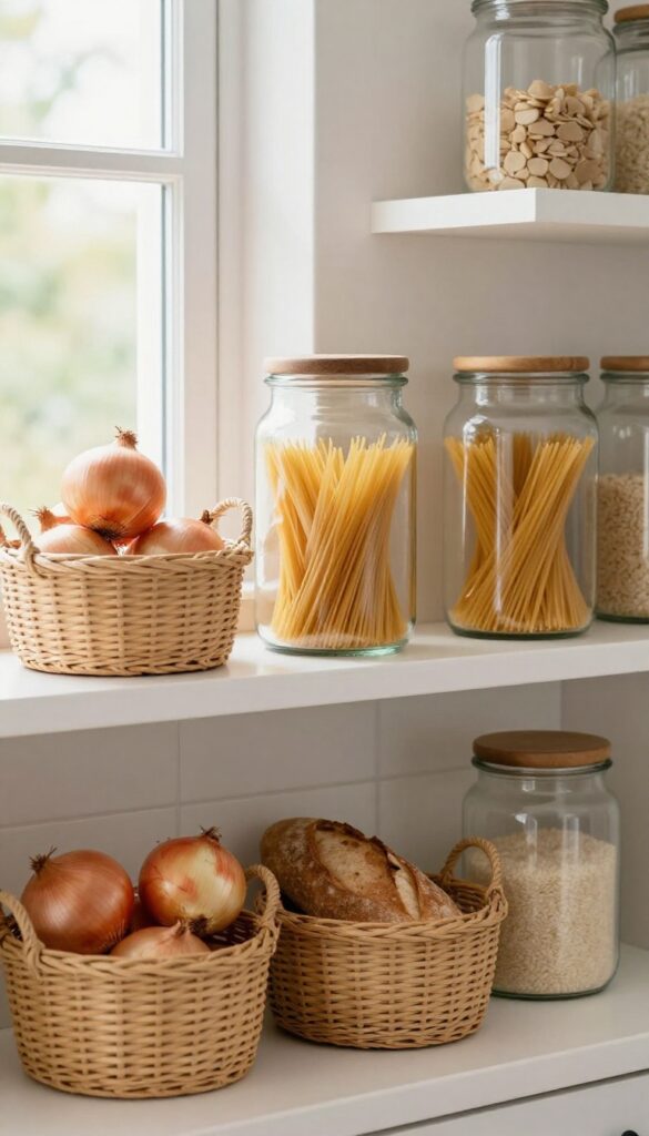Kitchen open shelves with woven baskets and glass jars in bright natural light