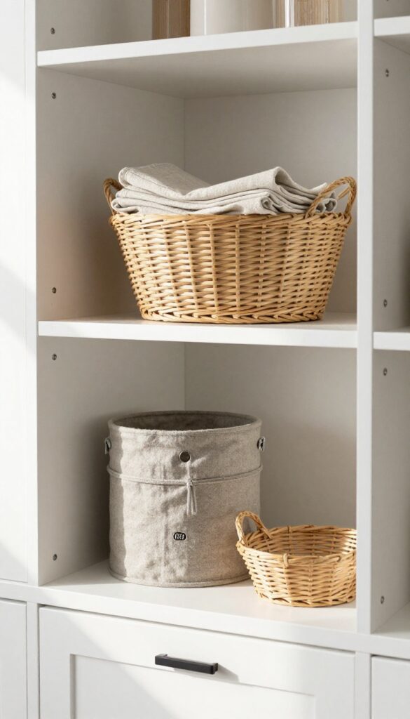 Woven baskets and fabric bins on open shelves in a bright kitchen with white cabinets