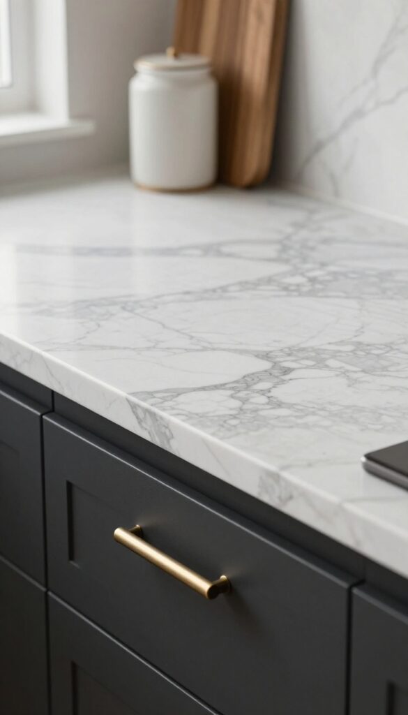 Close-up of a black and white kitchen countertop with marble or quartz, matte black cabinets, brushed brass hardware, and natural texture from wood and ceramic.