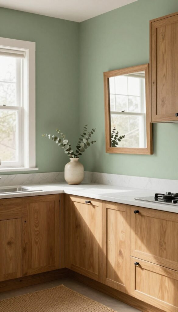 A kitchen with sage green walls and oak cabinets, featuring natural textures and soft lighting.