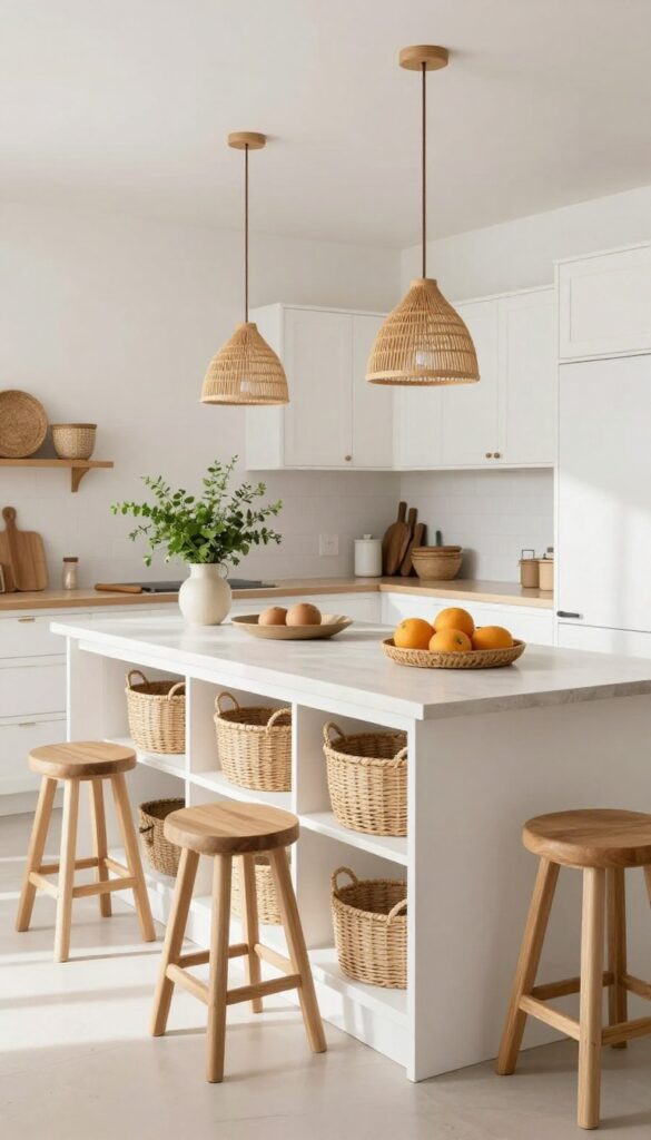 Large kitchen island with white base, open woven baskets, wooden stools at breakfast bar, bamboo pendant light, fresh herbs, warm and lived-in feel.