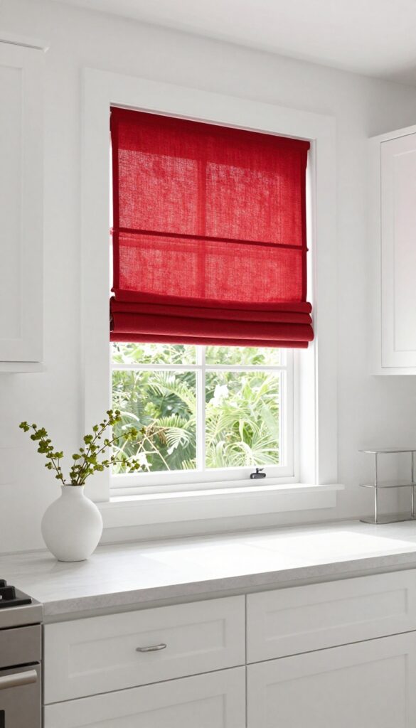 Bright kitchen with white walls and a red Roman shade at the window, letting in soft light