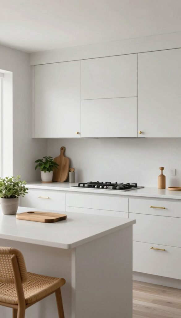Two-tone neutral kitchen with greige walls and white cabinets