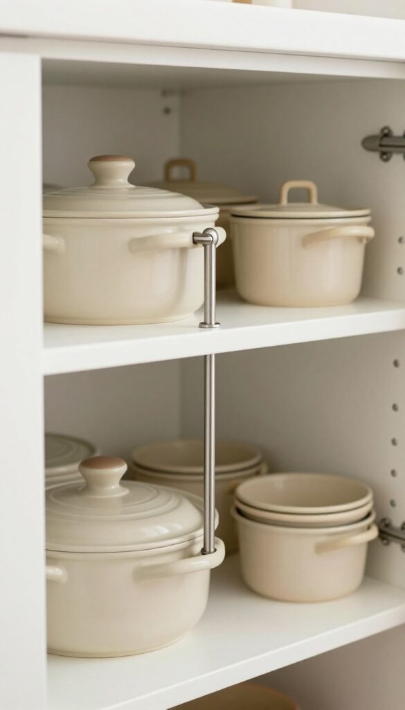 Inside kitchen cabinet with tension rod holding pot lids vertically for organized storage
