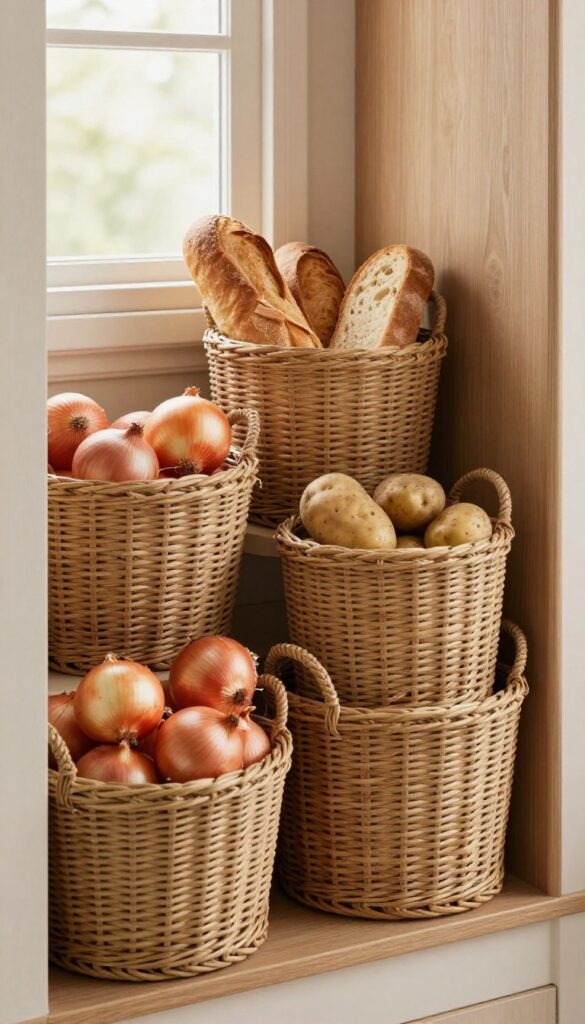 Open kitchen shelf with woven baskets holding produce and snacks, warm natural light