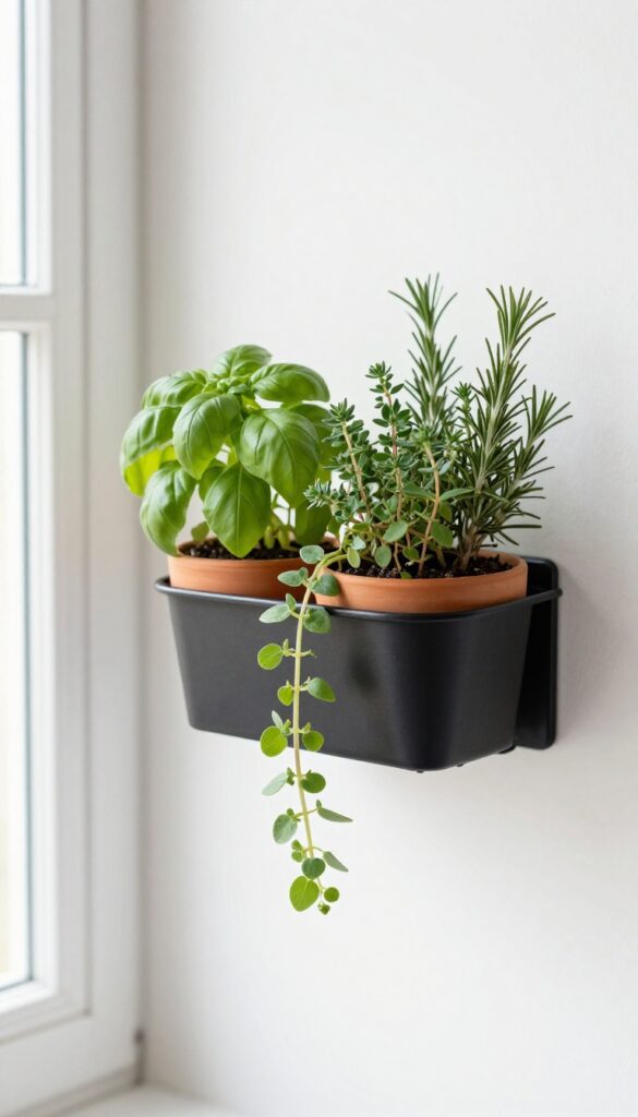 Wall-mounted black metal basket with potted herbs near a kitchen window, soft natural light