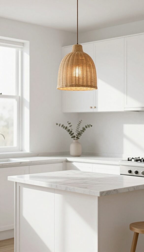 Small kitchen with a single rattan pendant light hanging over a white island, bright natural light, clean and airy decor.
