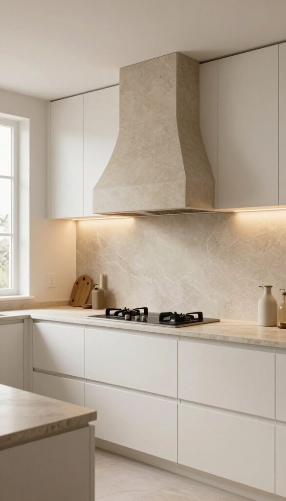 Modern country kitchen with a natural stone range hood as a sculptural centerpiece, warm lighting, and clean cabinetry.