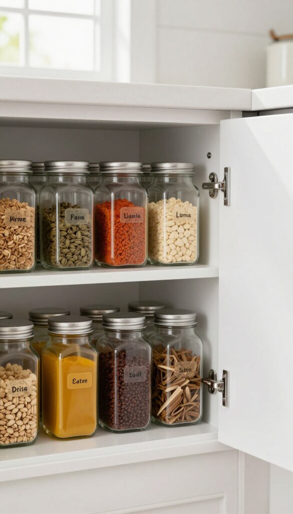 Clear acrylic Lazy Susan in a corner kitchen cabinet, organized with jars of spices and oils, bright natural light.