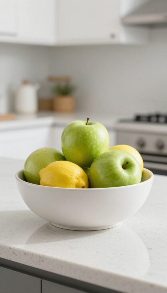 Low profile fruit bowl with green apples and lemons on a modern kitchen counter