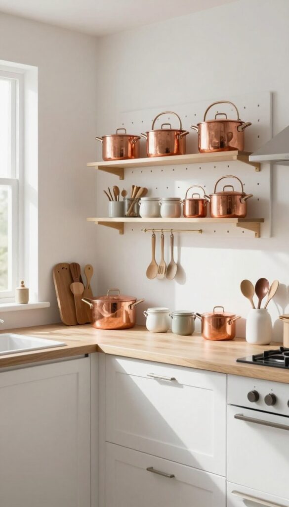 Bright kitchen with a white pegboard wall holding copper pots and wooden utensils, natural light, clean composition.