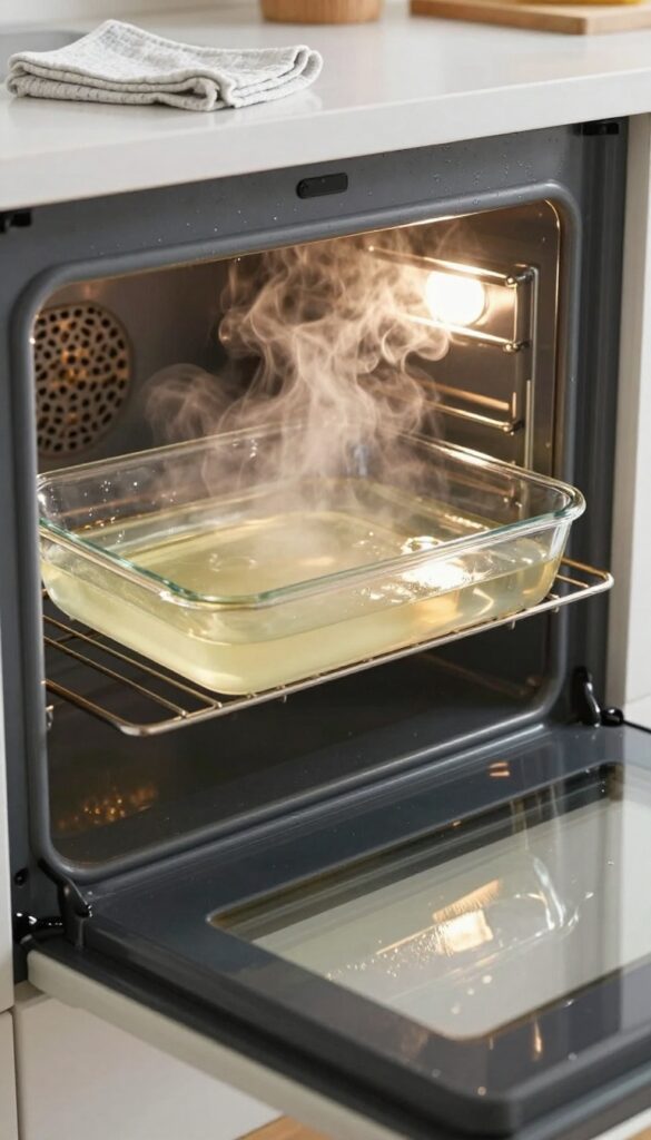 Steam cleaning oven with vinegar and water in a baking dish