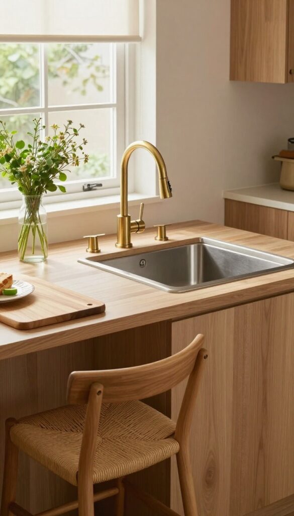 Kitchen peninsula with prep sink and seating, warm wood stools, brushed brass faucet, fresh herbs, bright natural light.