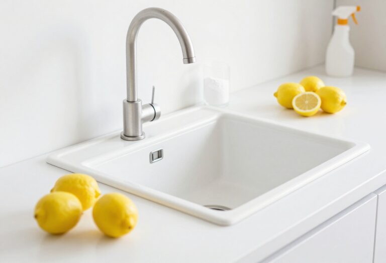 Clean kitchen sink with garbage disposal and citrus cleaning supplies