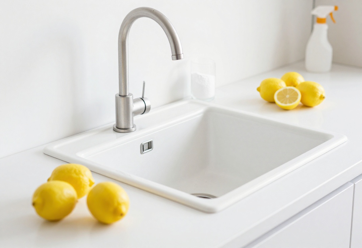 Clean kitchen sink with garbage disposal and citrus cleaning supplies