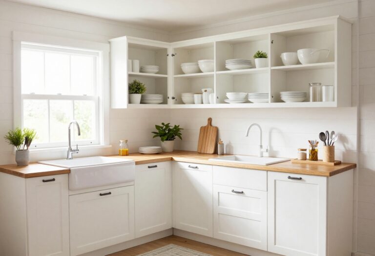 Bright tiny house kitchen with open shelving, white cabinets, and a farmhouse sink