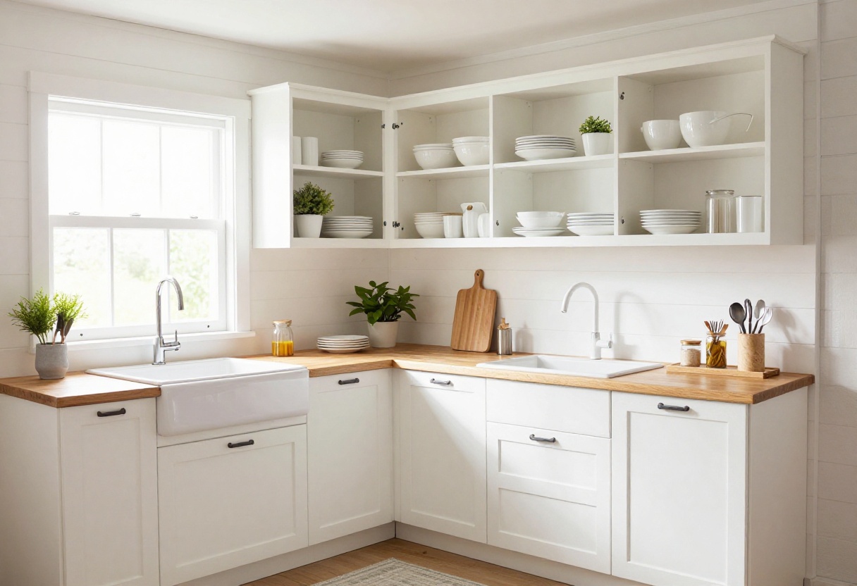 Bright tiny house kitchen with open shelving, white cabinets, and a farmhouse sink