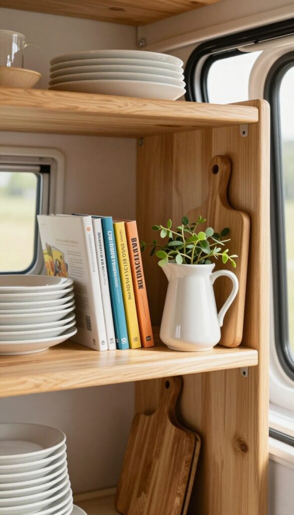 Open shelving in a caravan kitchen with layered display of plates, cookbooks, and plants