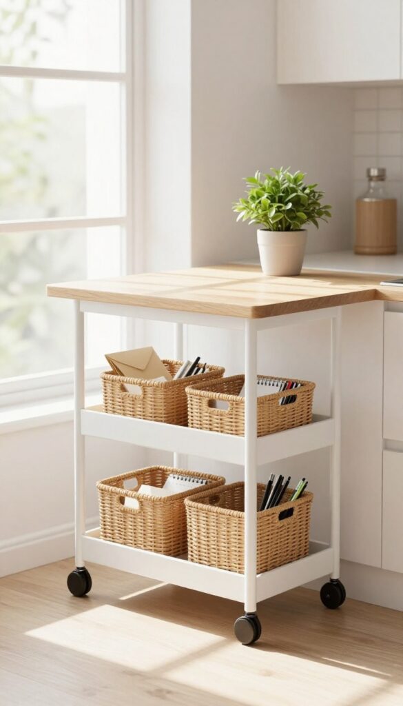 Slim rolling cart under kitchen desk with baskets for hidden storage