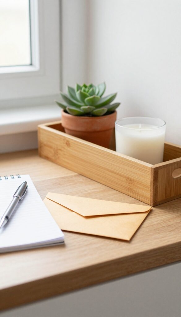Slim bamboo caddy on kitchen table holding mail and a notepad, with a small plant and candle beside it.