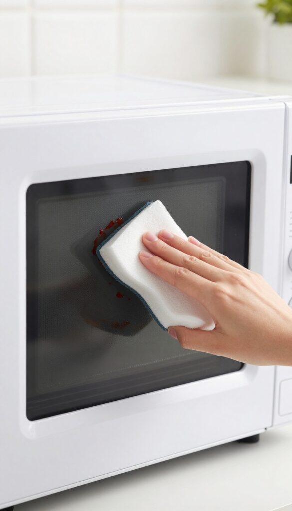 Hand using a damp melamine sponge to clean a stubborn stain inside a microwave