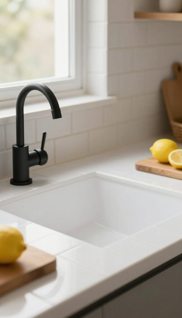 Close-up of glossy white subway tiles with warm beige grout in a herringbone pattern, with a matte black faucet and wooden cutting board, reflecting natural light.