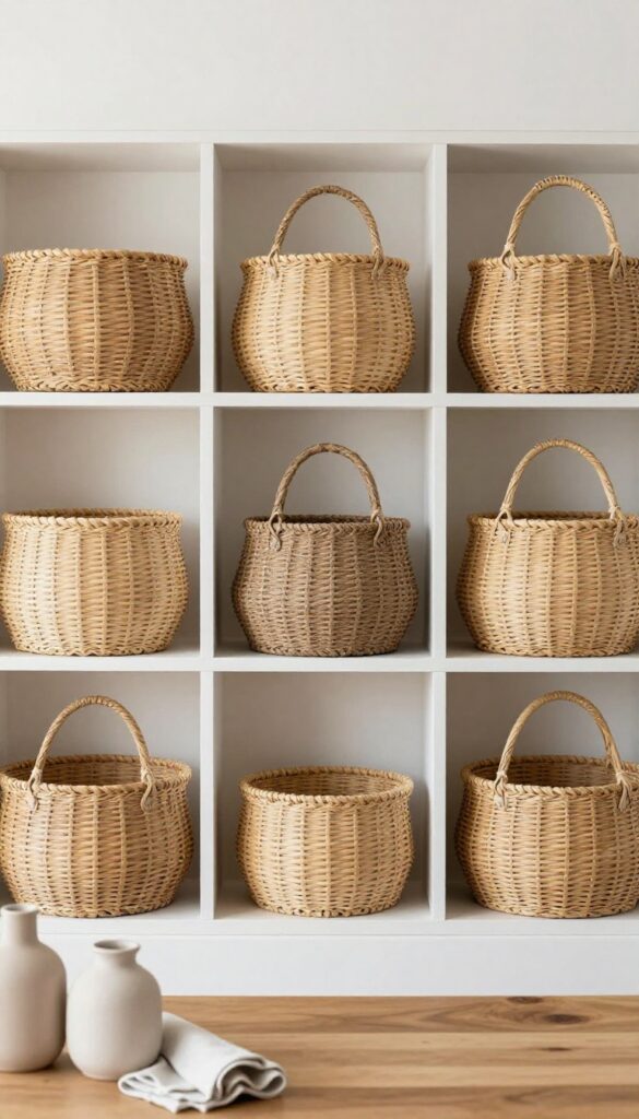 Grid of woven wall baskets in natural fibers above a kitchen table, warm and textured decor.