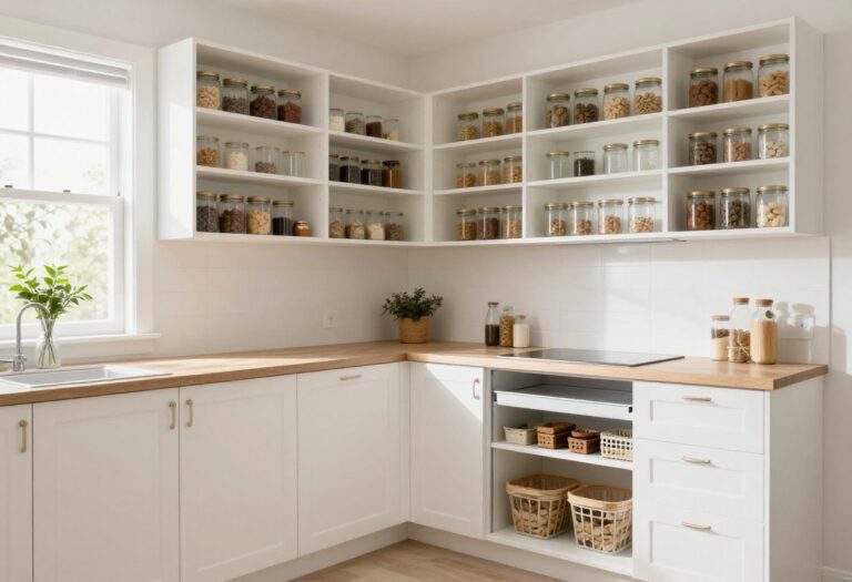 Organized L shaped pantry with pullout shelves and clear jars